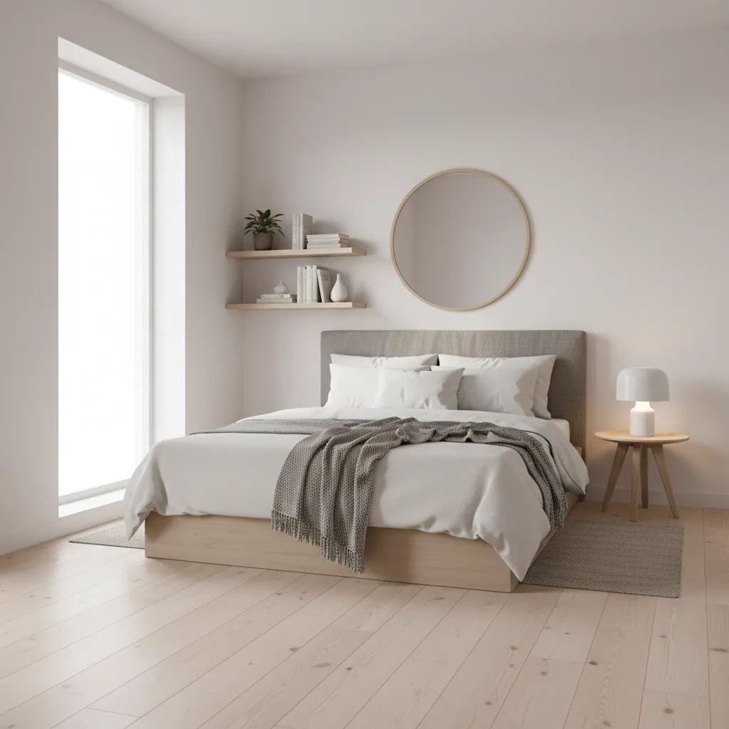 Small bedroom painted in soft white reflecting natural light