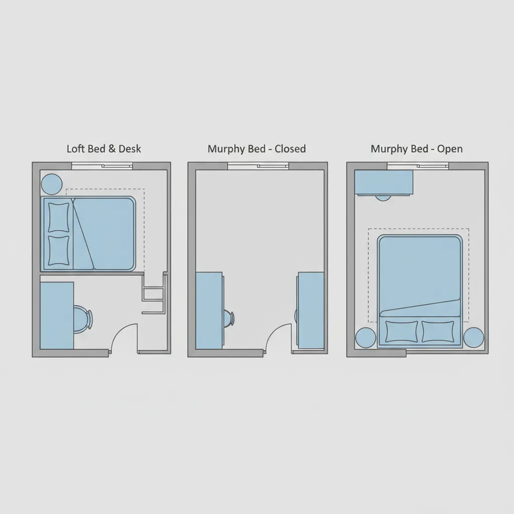 Interior design drawing comparing three bedroom floor plan layouts including loft bed and wall bed