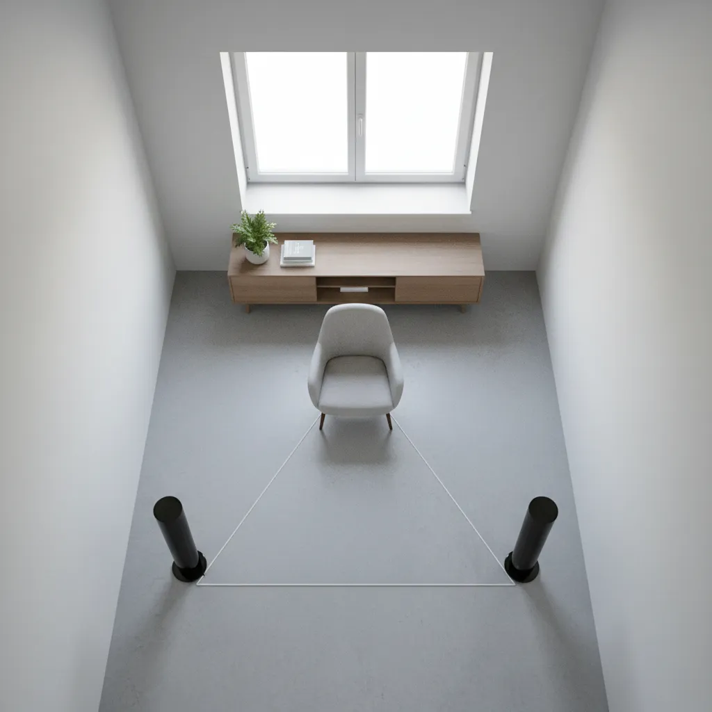 Speaker placement triangle layout in a small room listening setup