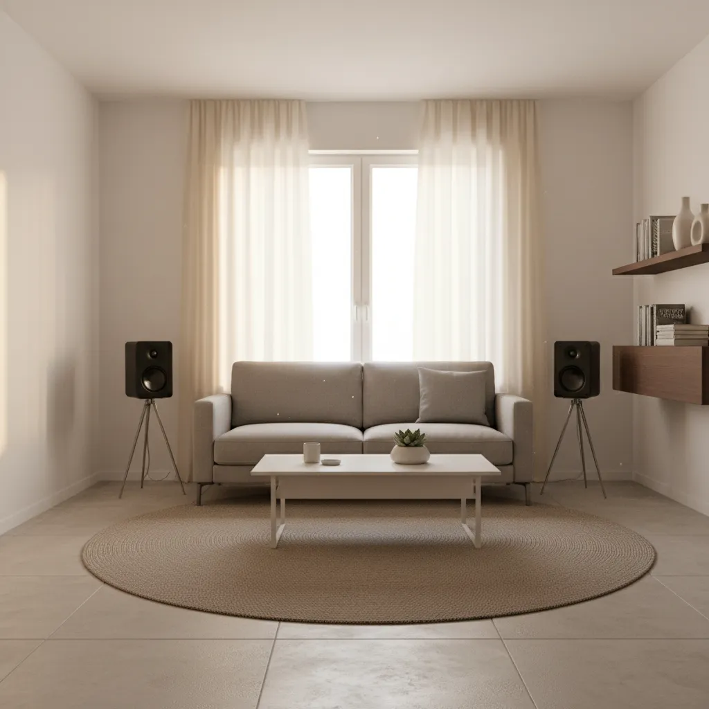 compact living room stereo system with bookshelf speakers on stands