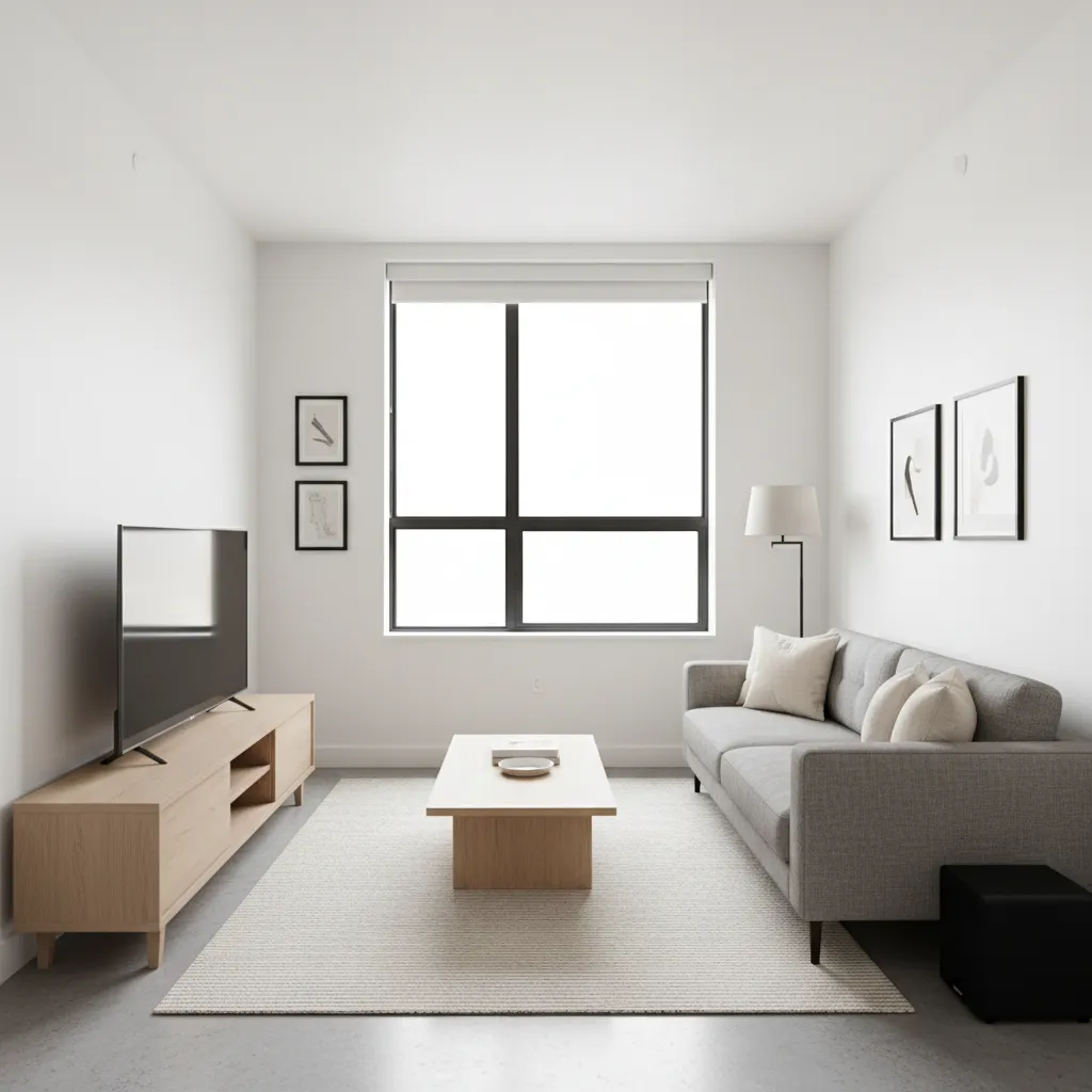 compact living room with discreet subwoofer integrated beside media console