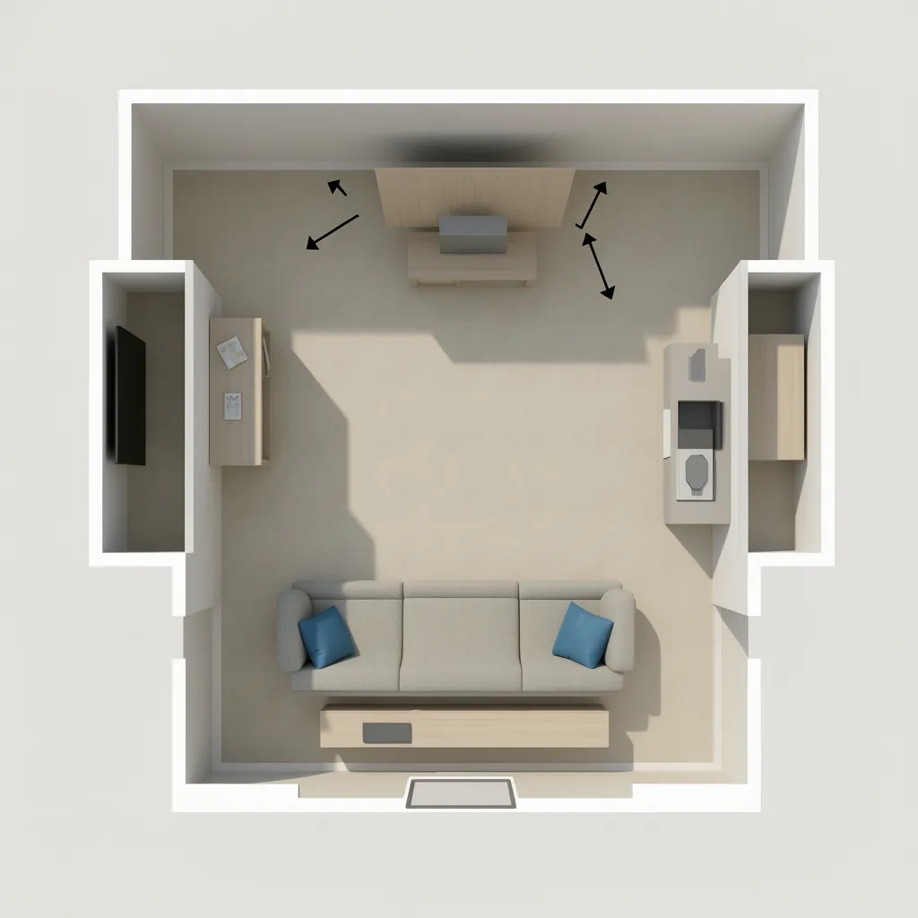 Small living room layout diagram showing furniture placement and walking paths