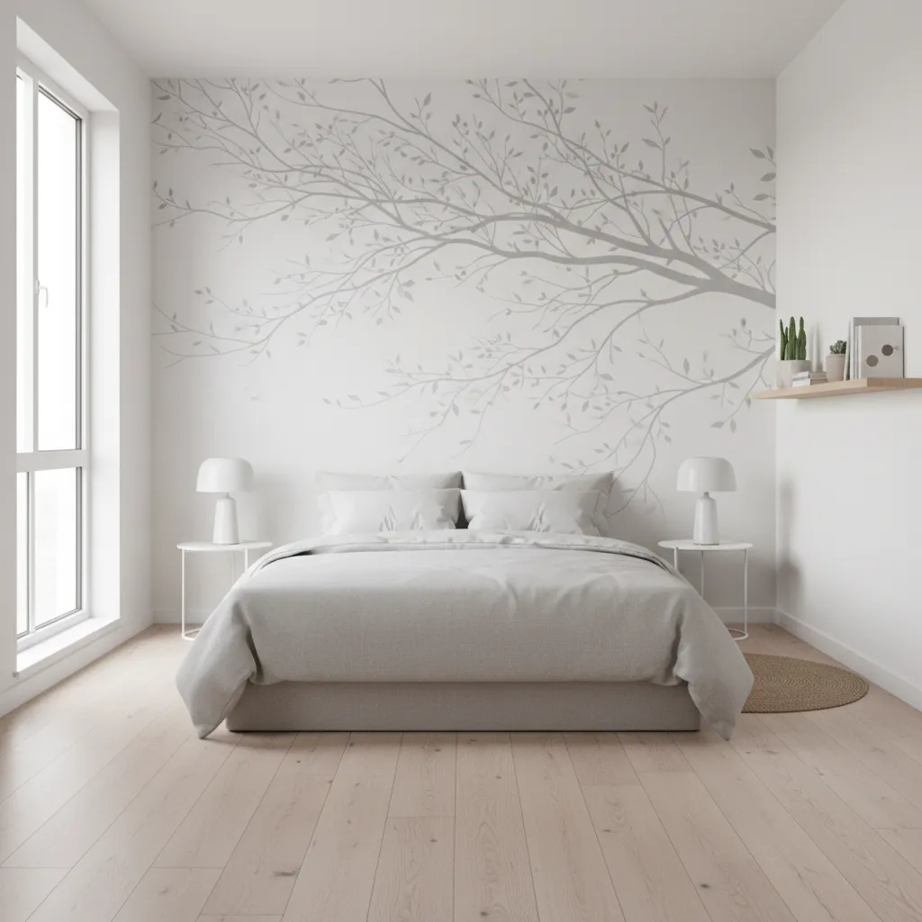 Light minimalist tree mural making small bedroom wall appear larger