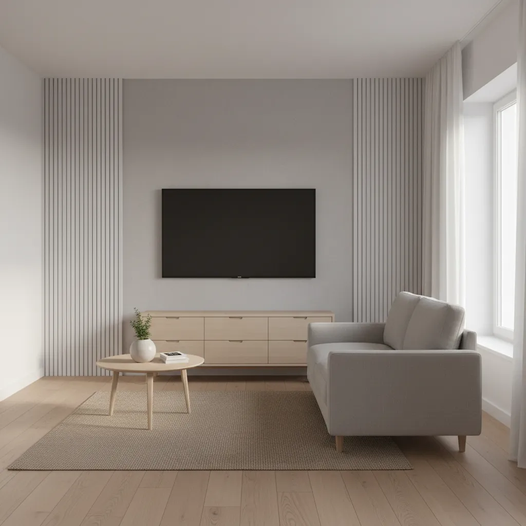 Compact living room layout with wall mounted TV and sofa