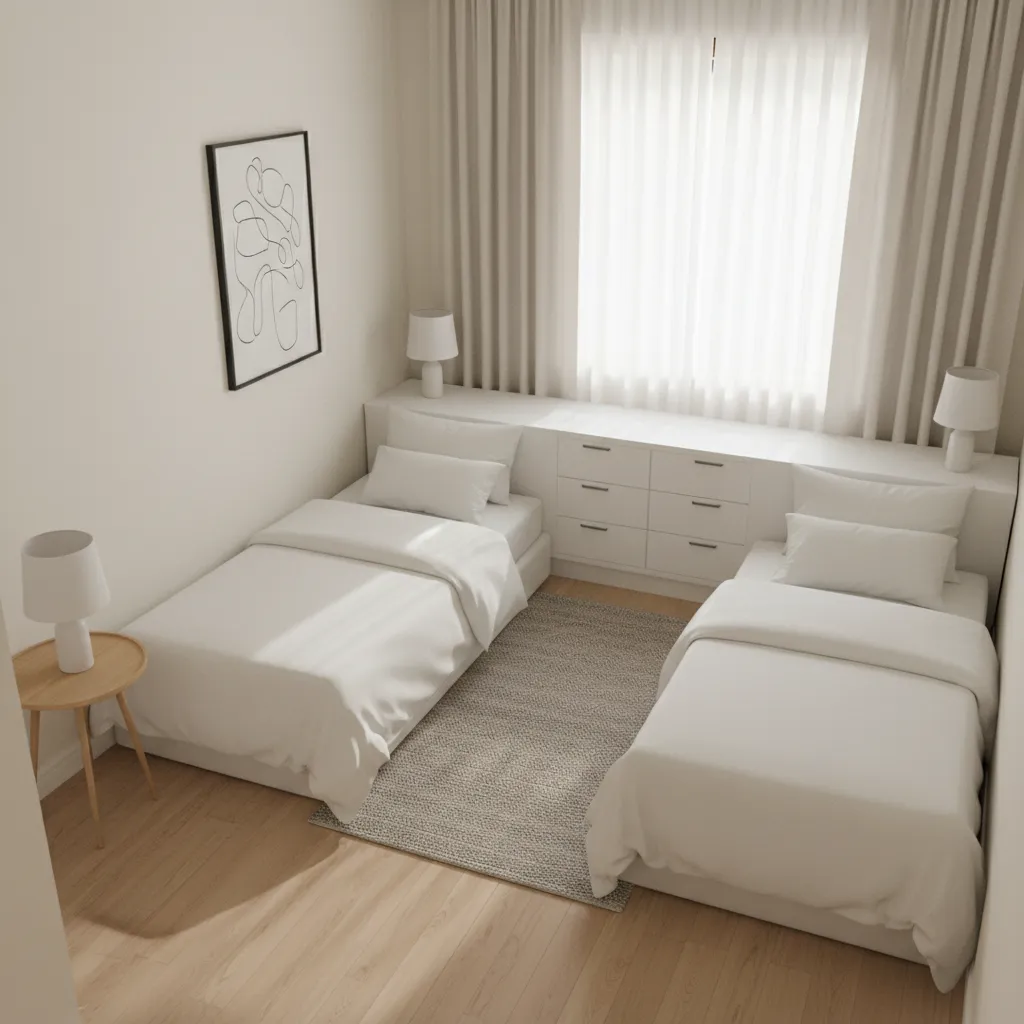 Small bedroom with two twin beds arranged efficiently