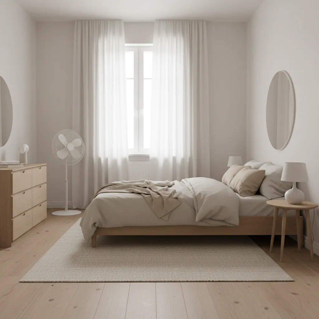 Small bedroom with open window and fan improving airflow