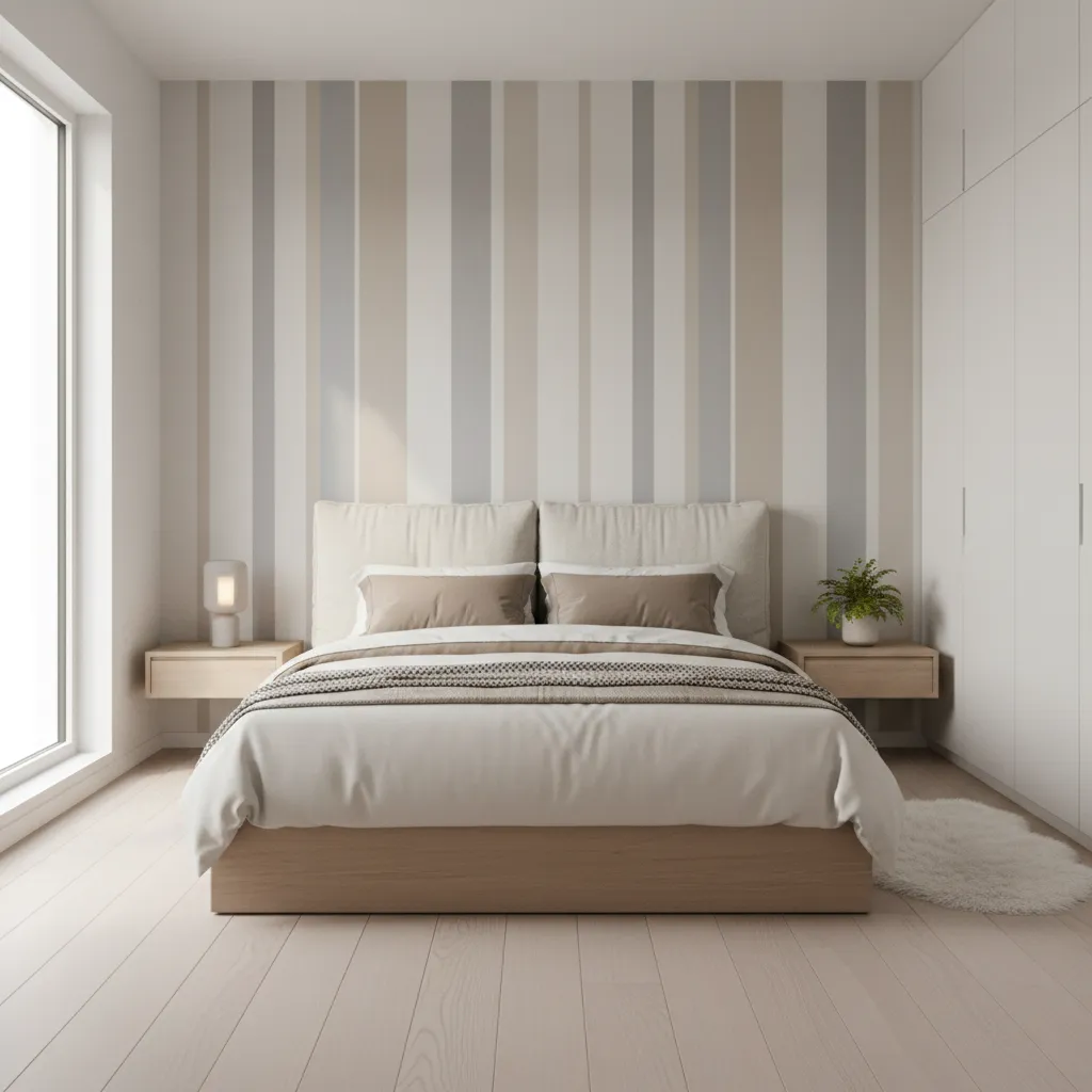 compact bedroom with subtle vertical line wall design behind the bed