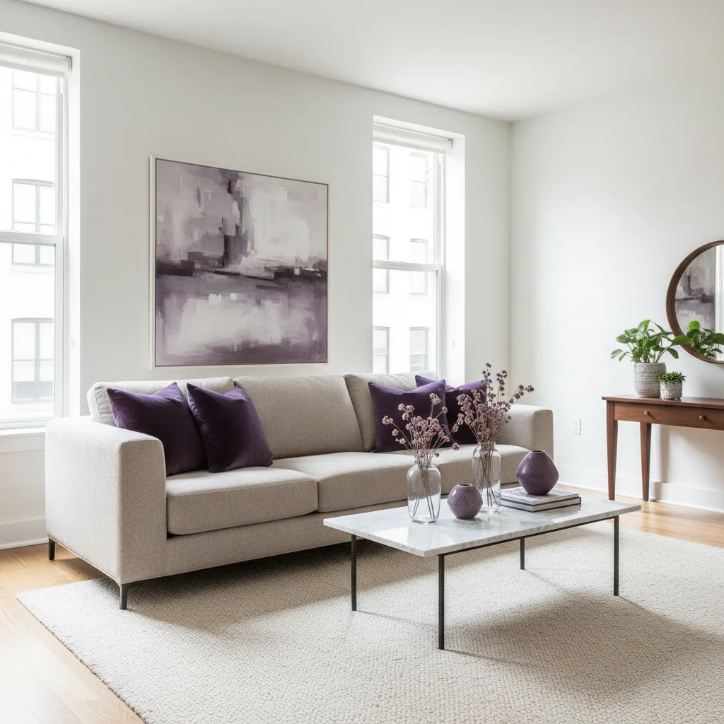 Habitación pequeña con detalles violetas en cojines y decoración