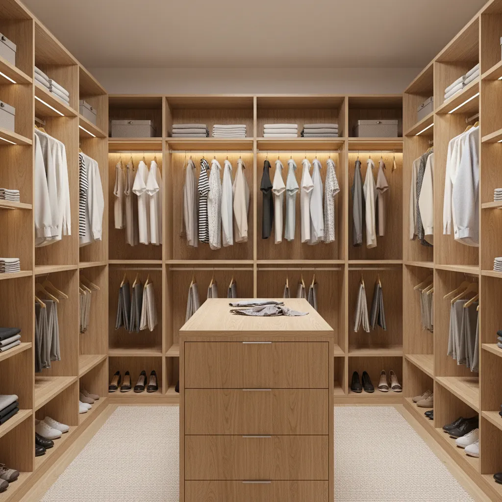 Small bedroom converted into walk in closet with shelving and hanging rods