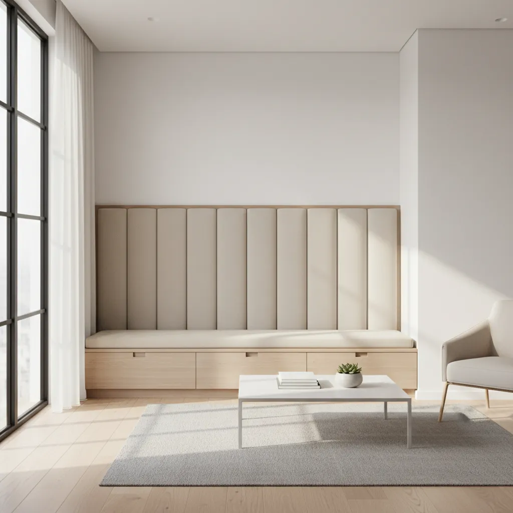 small apartment seating area with vertical upholstered wall cushion panels