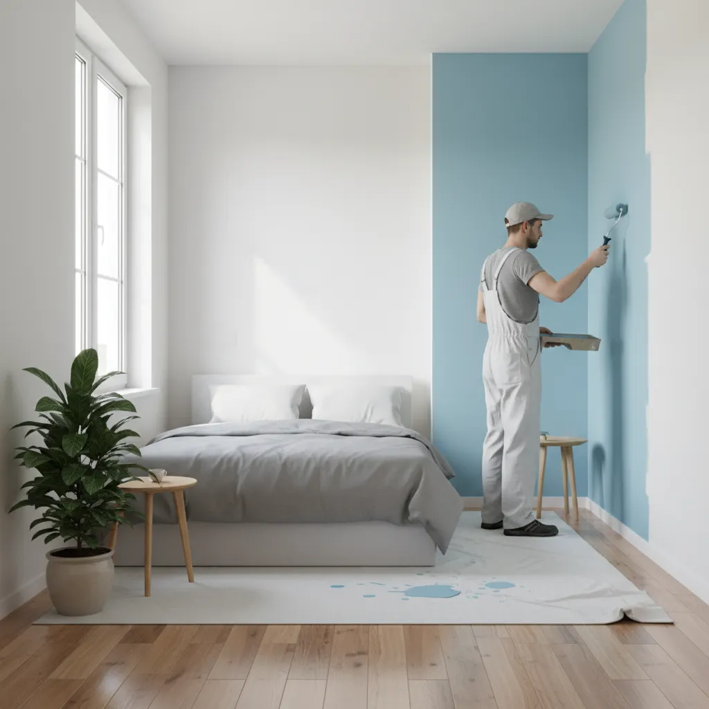 Painter applying paint with roller in a small bedroom wall