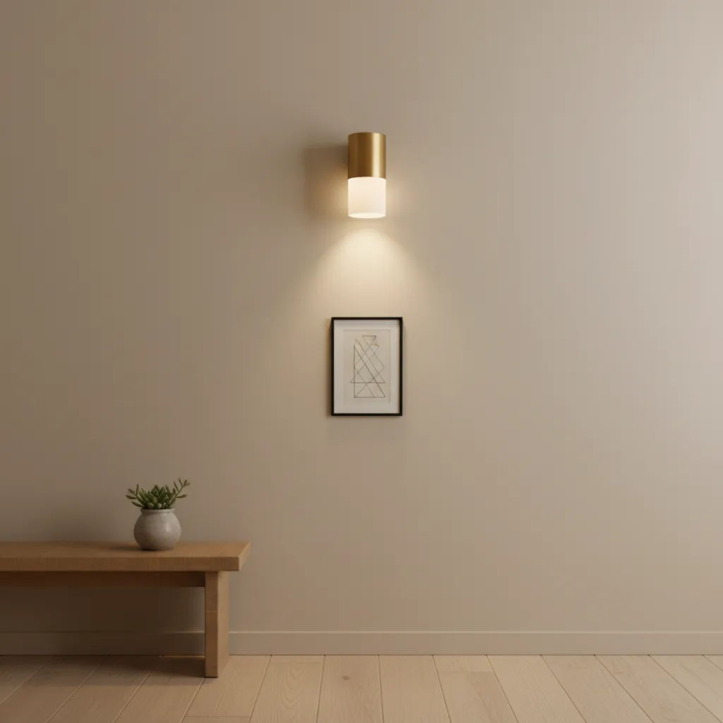 Small apartment wall with sconce and compact artwork arrangement
