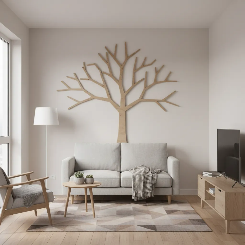 DIY wall tree decor above sofa in a small apartment living room