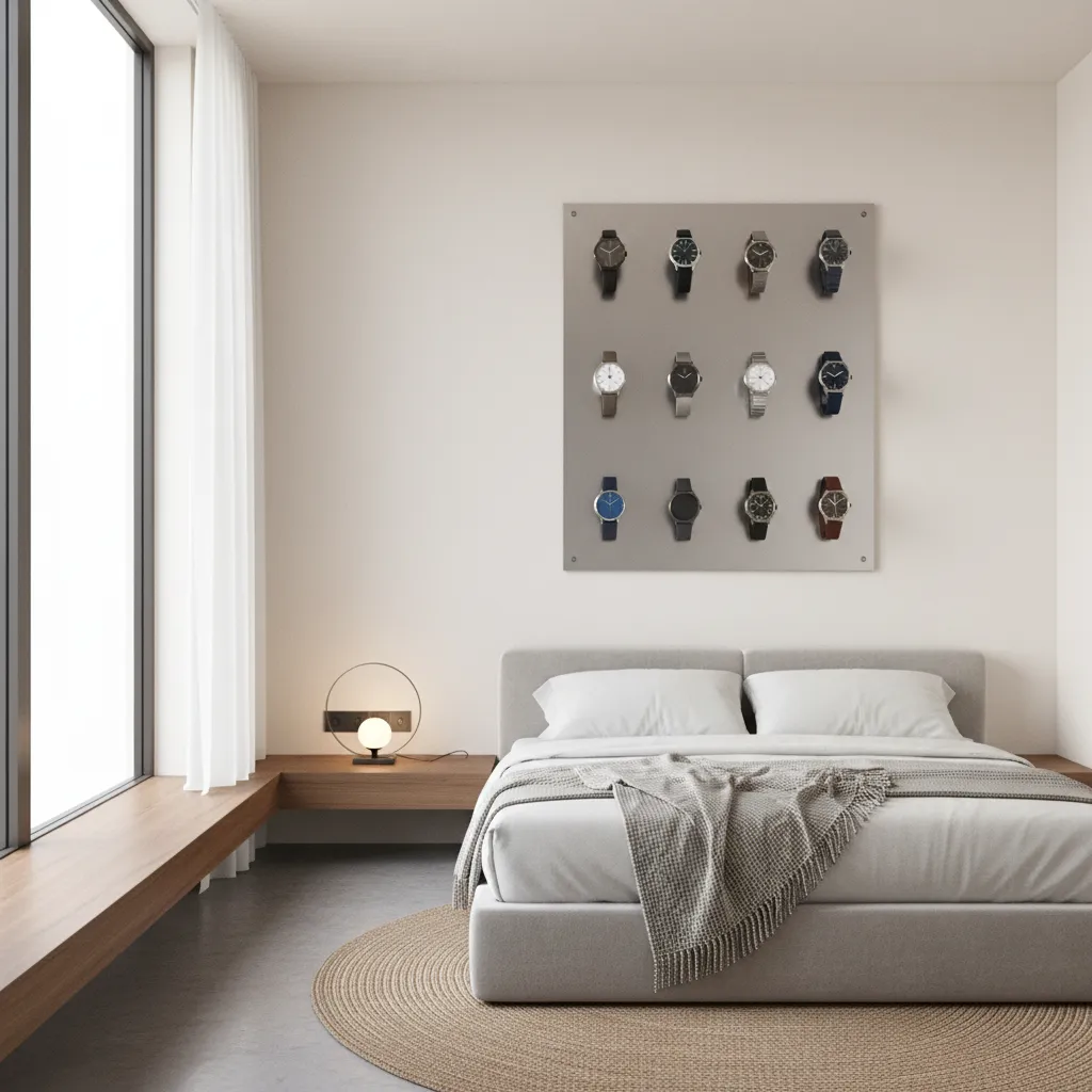 compact bedroom wall with a neatly arranged watch display