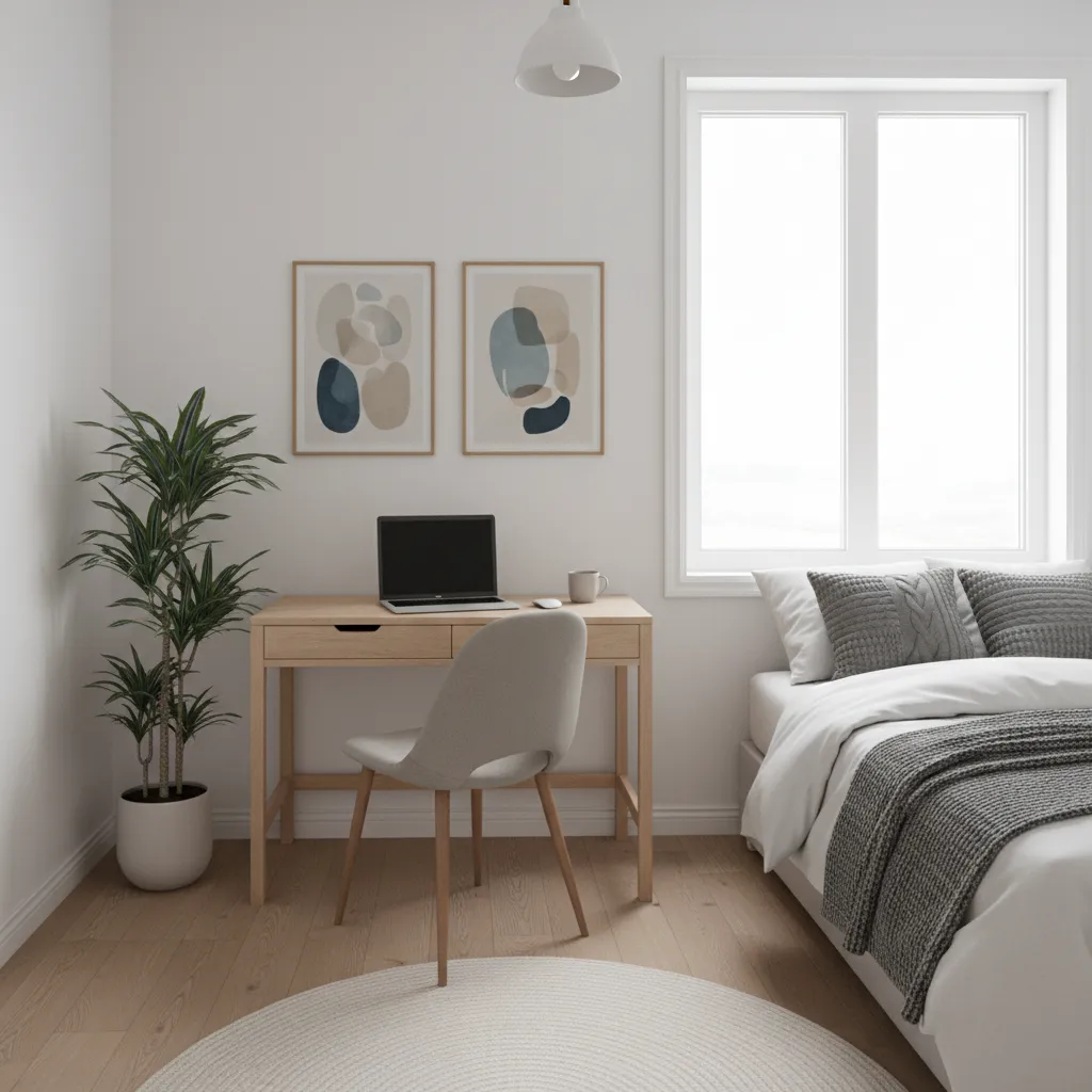 small room with compact wooden desk setup near window