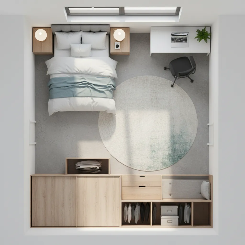 Small bedroom zoning layout showing bed workspace and storage areas