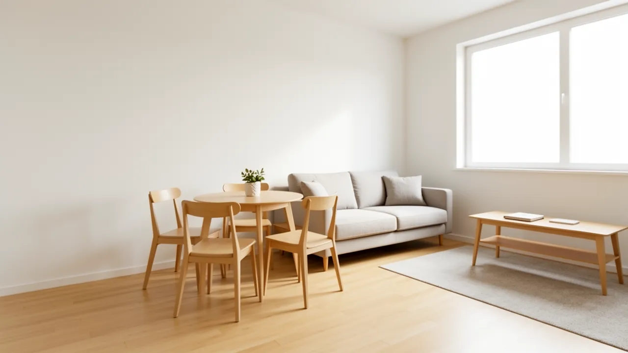 Small round dining table in compact living room layout