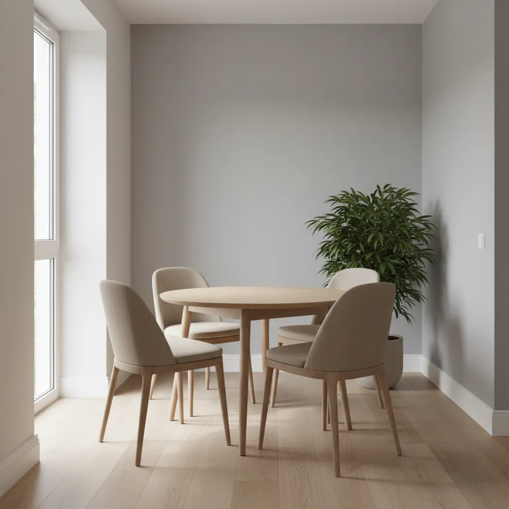 small dining room with round dining table appearing cramped due to limited clearance