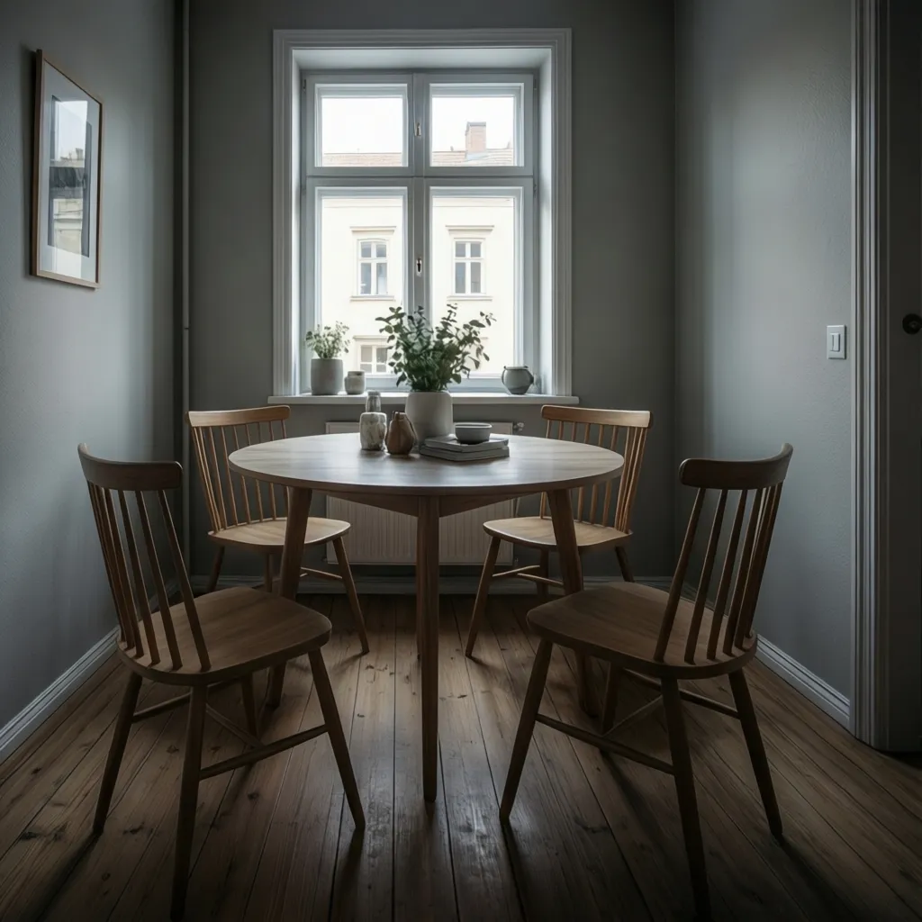 36 to 42 inch round dining table with four slim chairs in a compact dining space