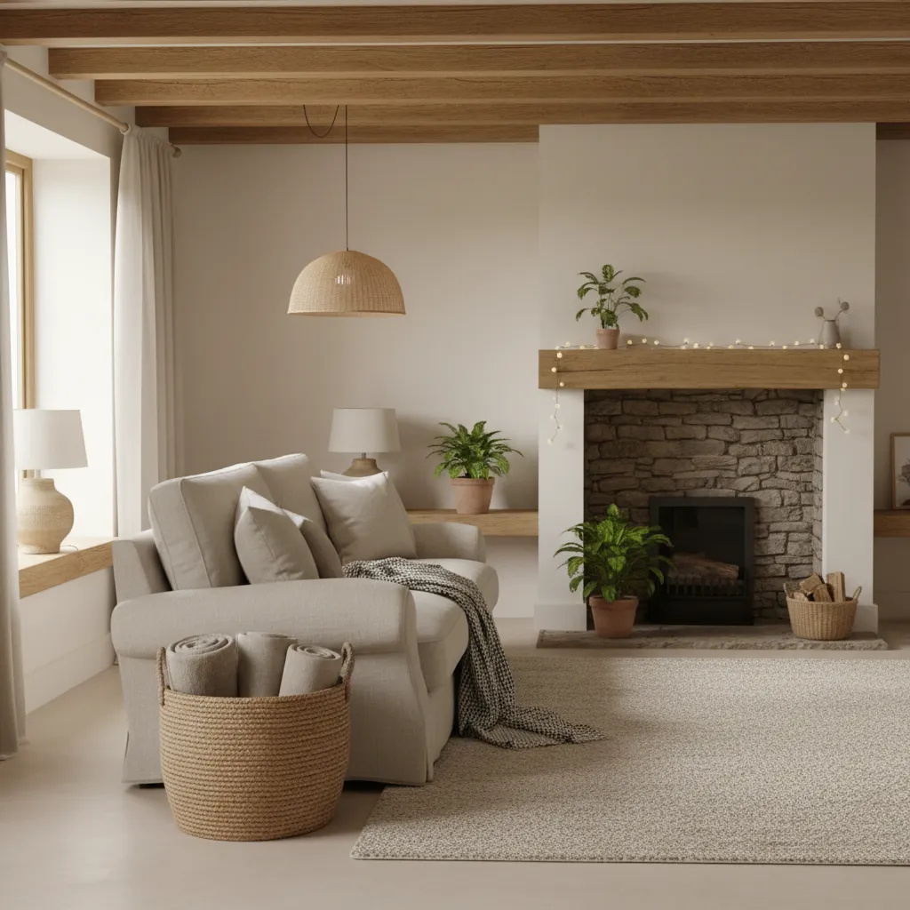 Salón pequeño con decoración rústica y muebles de madera clara