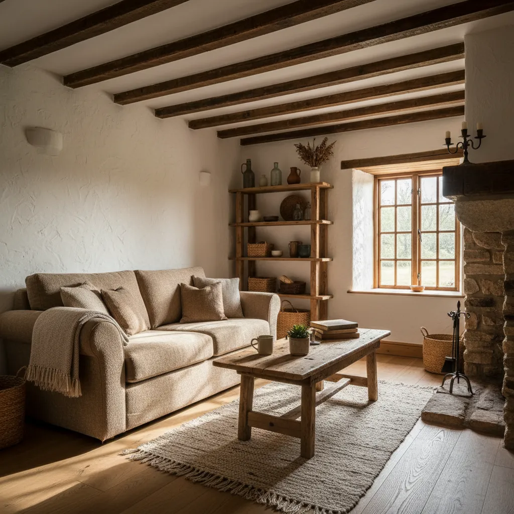 Pequeño salón rústico con sofá compacto, mesa de madera y estanterías abiertas