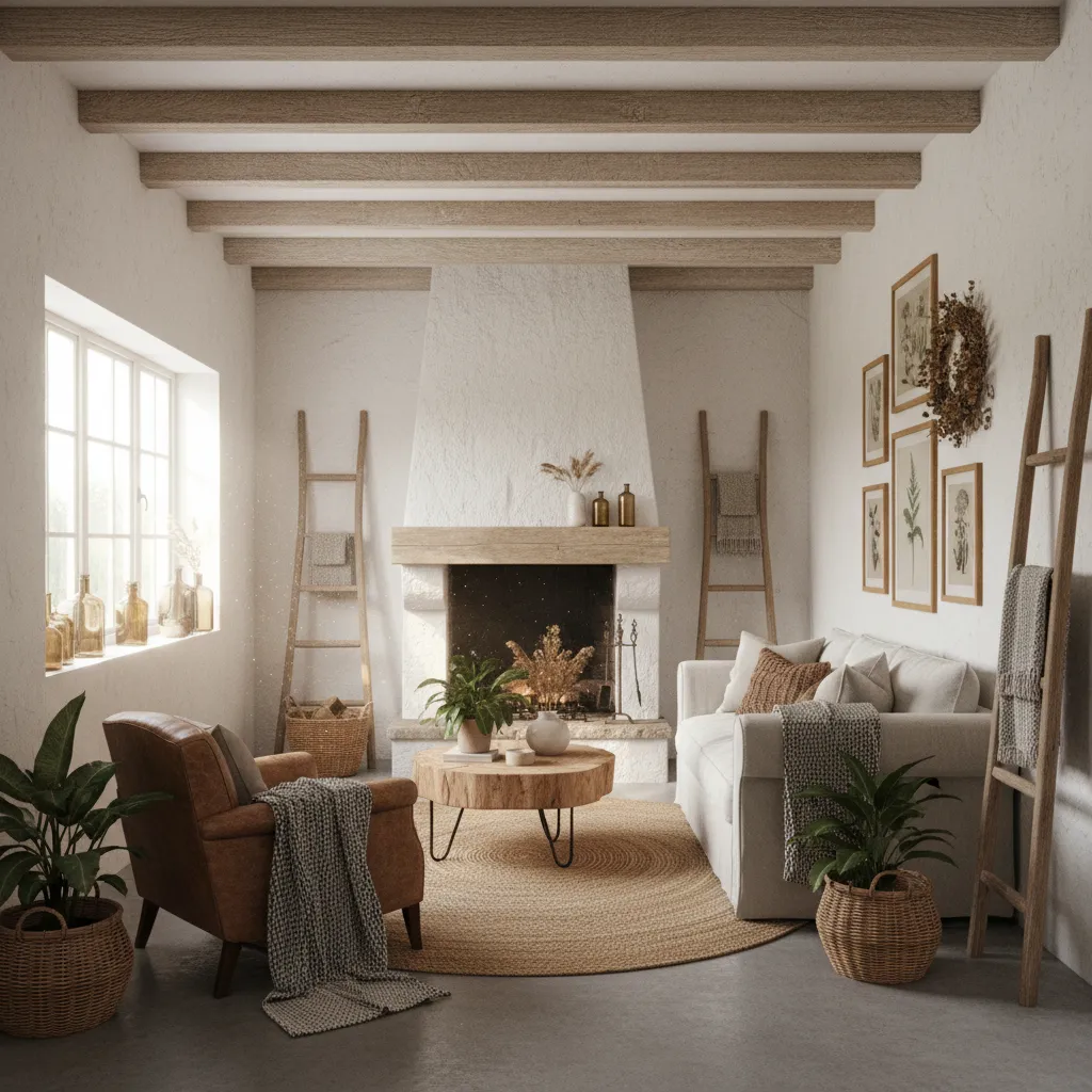 Sala rústica en una casa pequeña con madera clara y luz natural