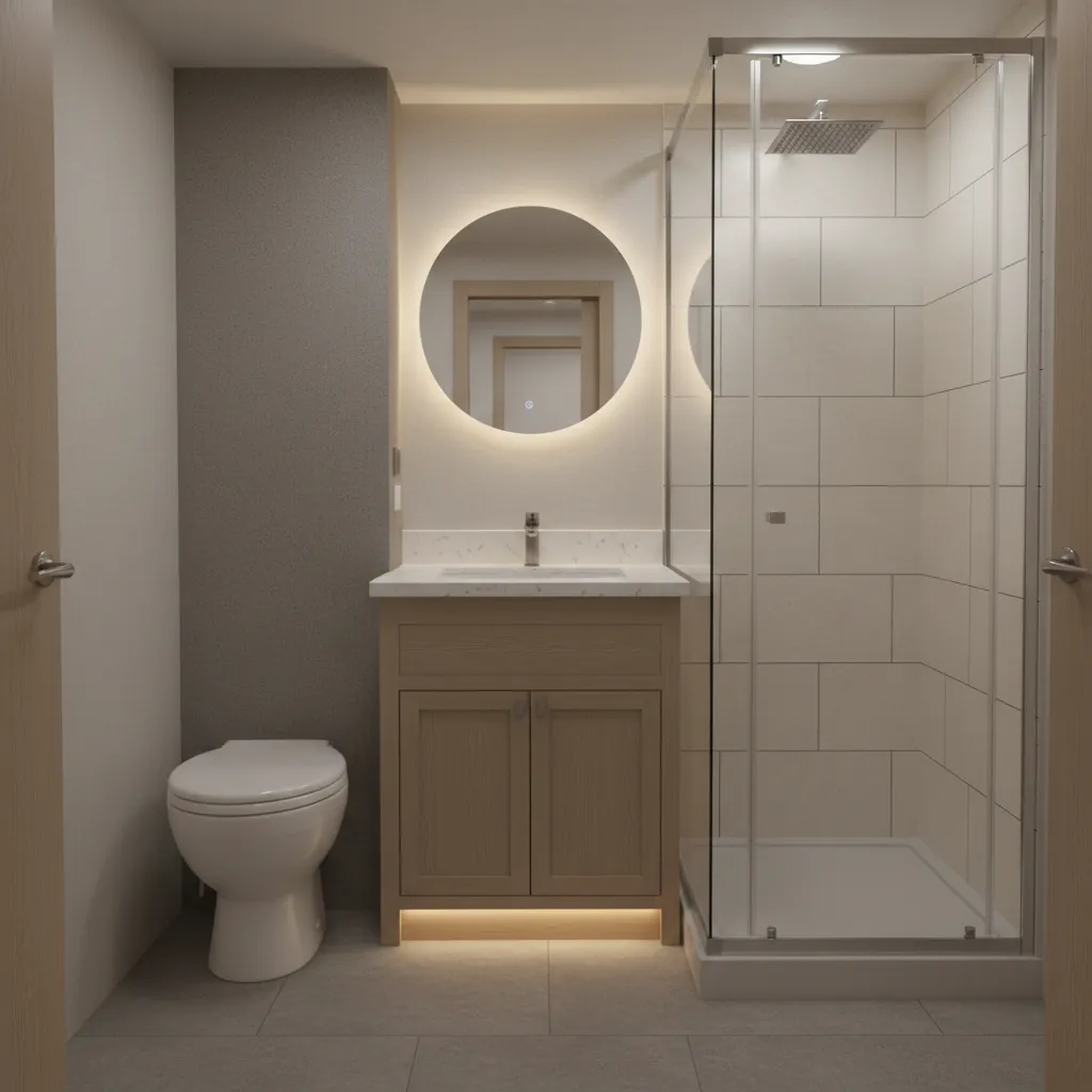 Compact travel trailer bathroom with corner sink and shower