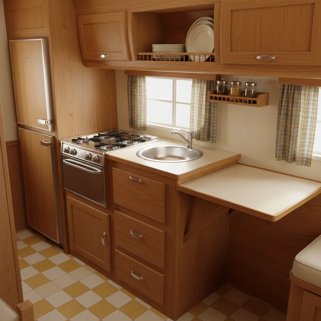 Compact vintage RV kitchen with fold down counter extension