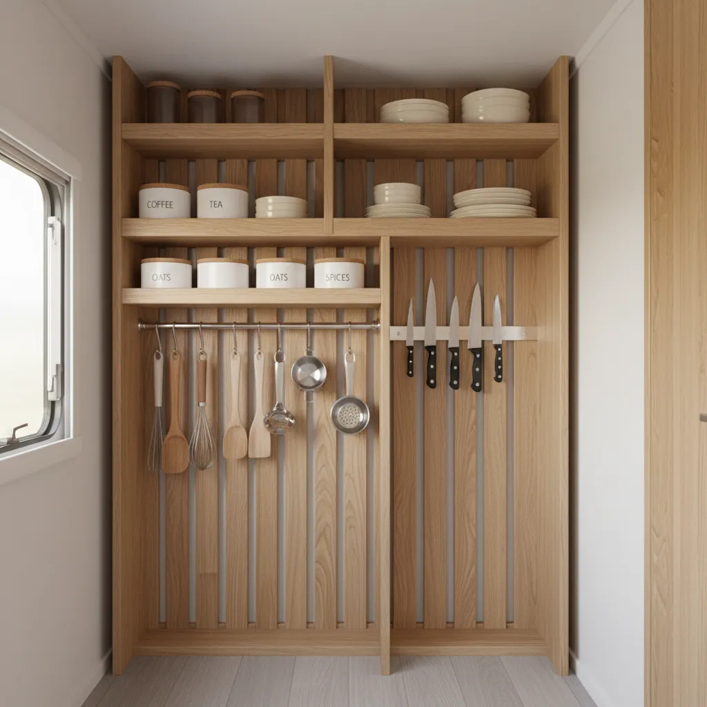 Vertical wall storage and compact organization inside small camper