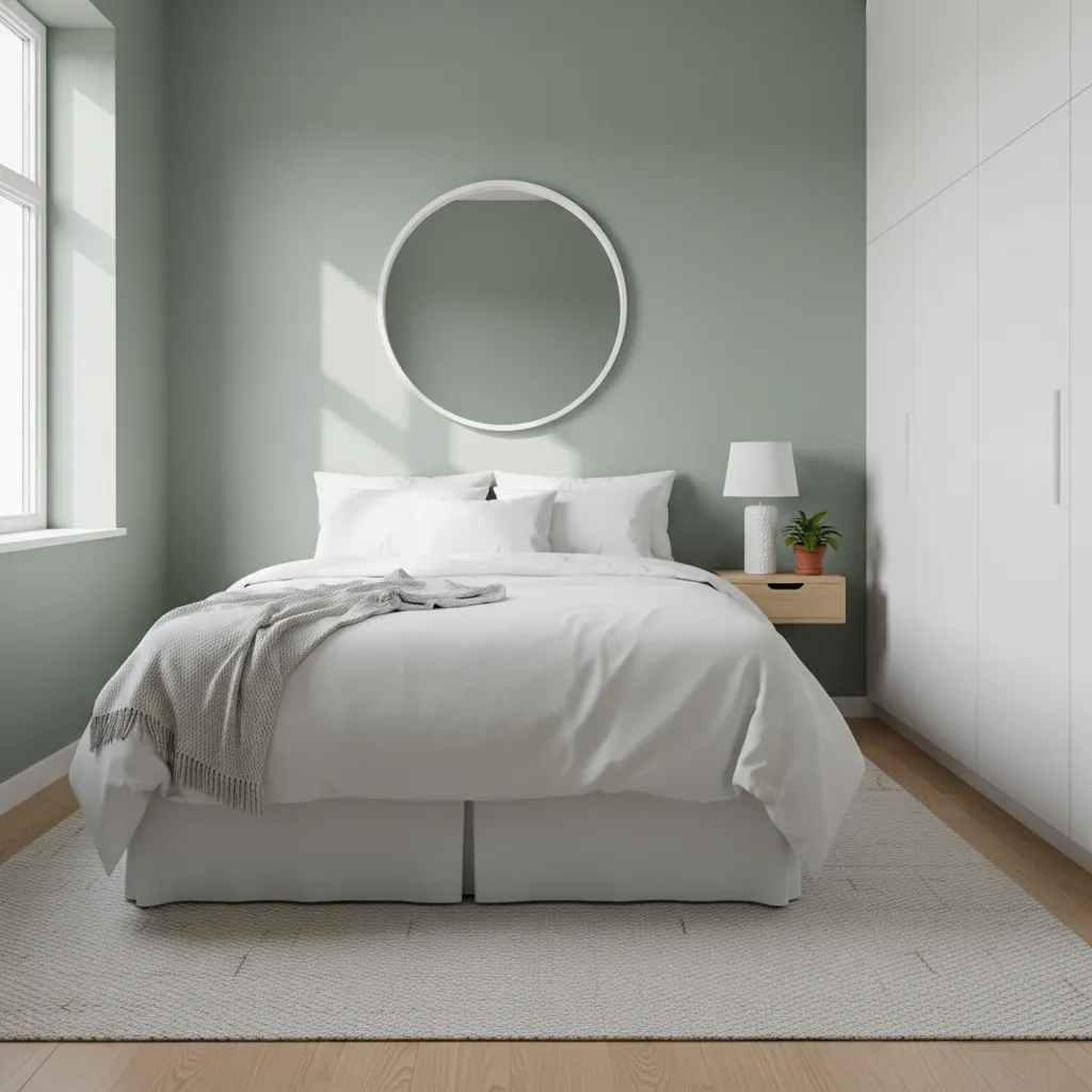 small bedroom with soft sage green walls and mirror to expand space
