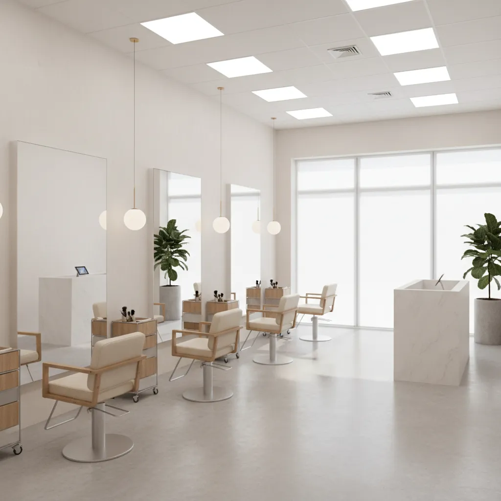 Small hair salon layout with optimized chair spacing and clear walkway