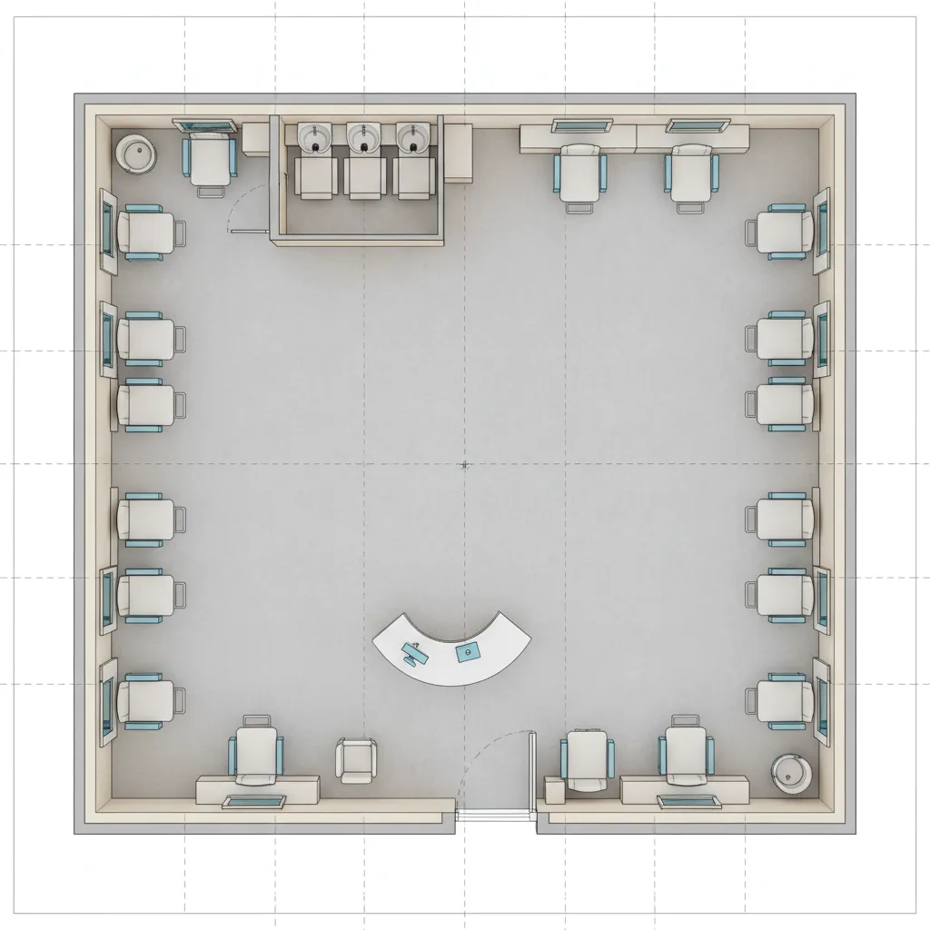 Example compact salon floor plan with multiple styling stations and shampoo area