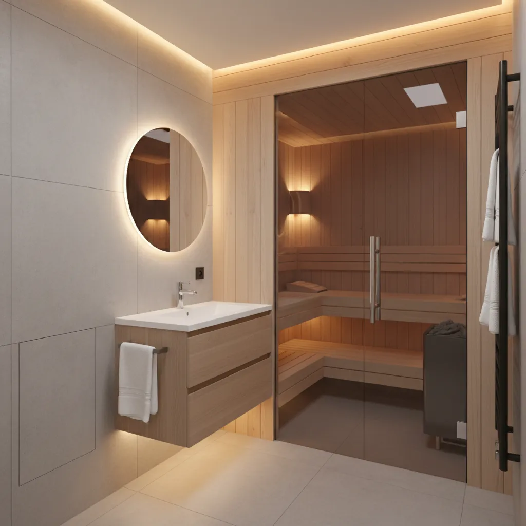 Compact bathroom with sauna and hidden towel storage solutions
