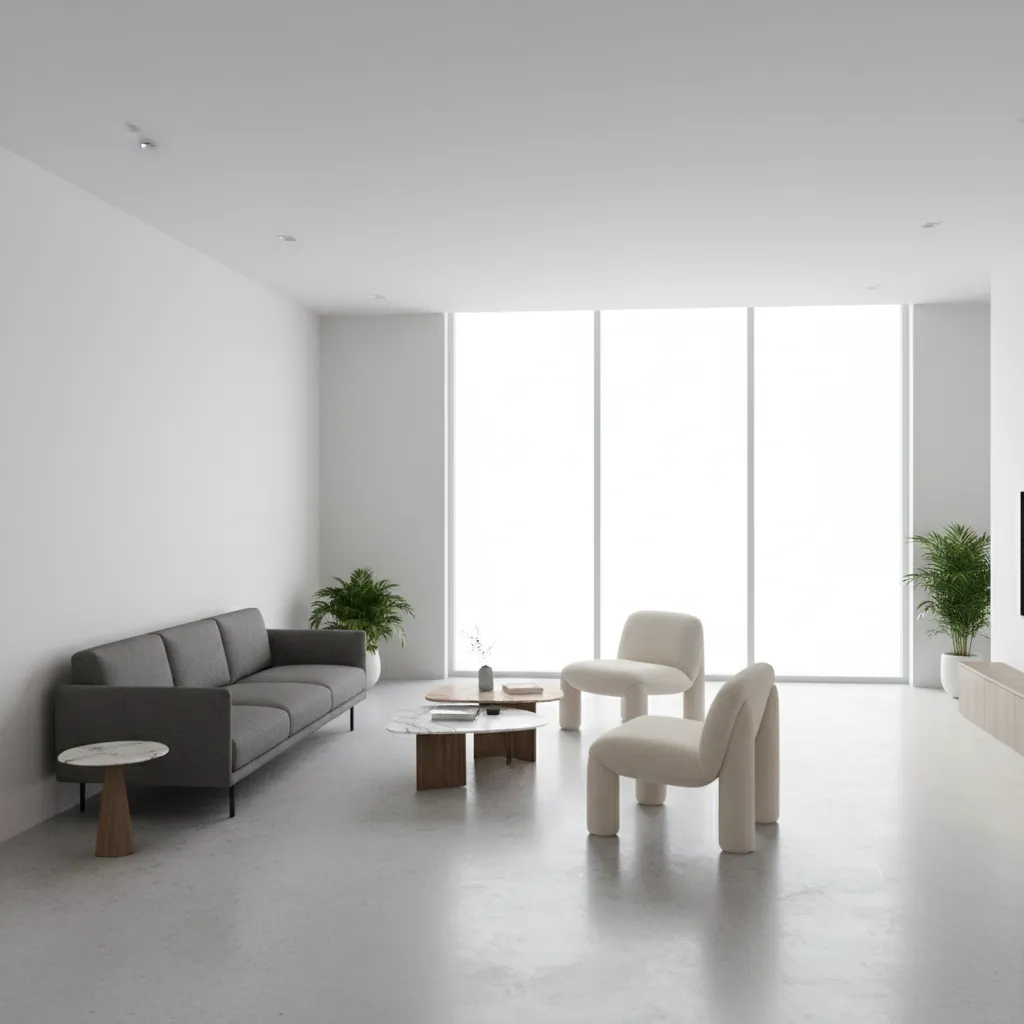 Small scale furniture arranged in an asymmetrical living room for balanced layout