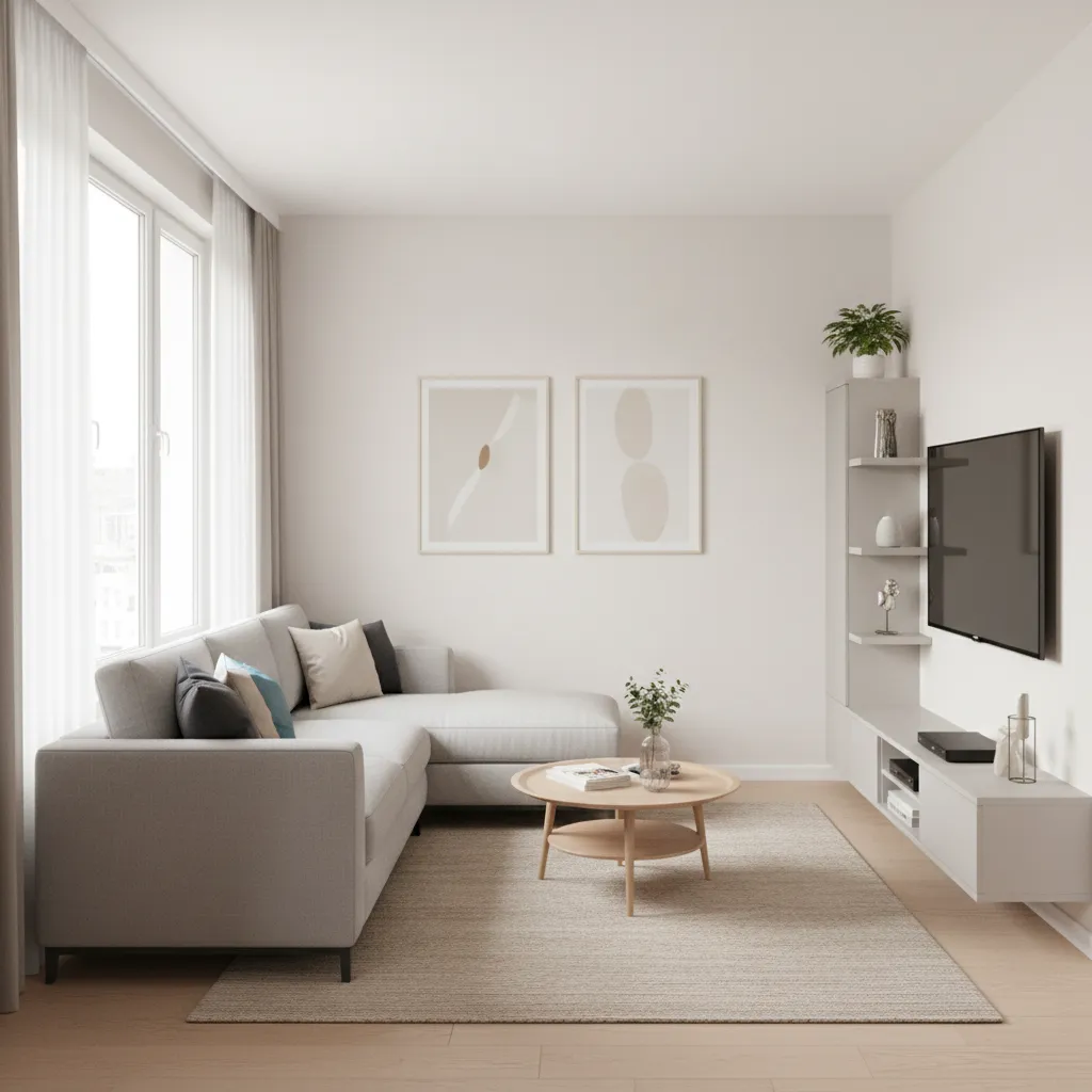 compact sectional sofa placed in corner of small living room