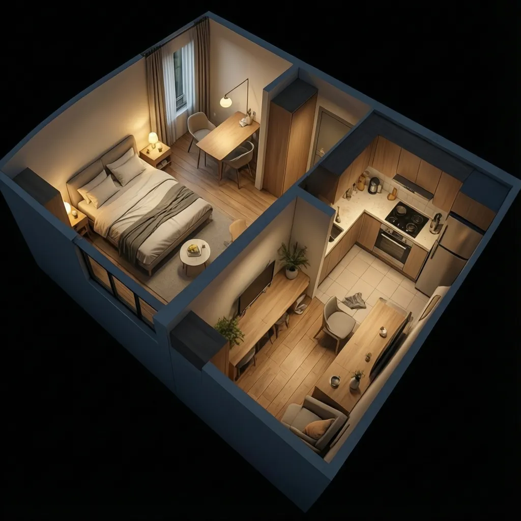 Interior design drawing showing a small studio apartment with bedroom kitchen dining area and furniture