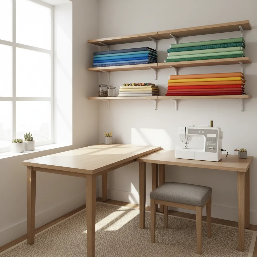 Pequeño taller de costura doméstico con muebles compactos