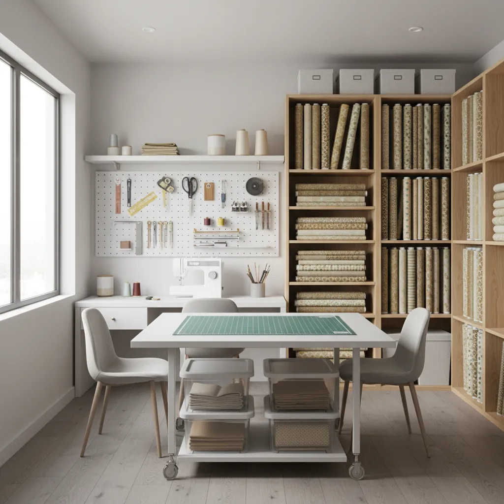 organized small sewing room with sewing machine cutting table and fabric shelves