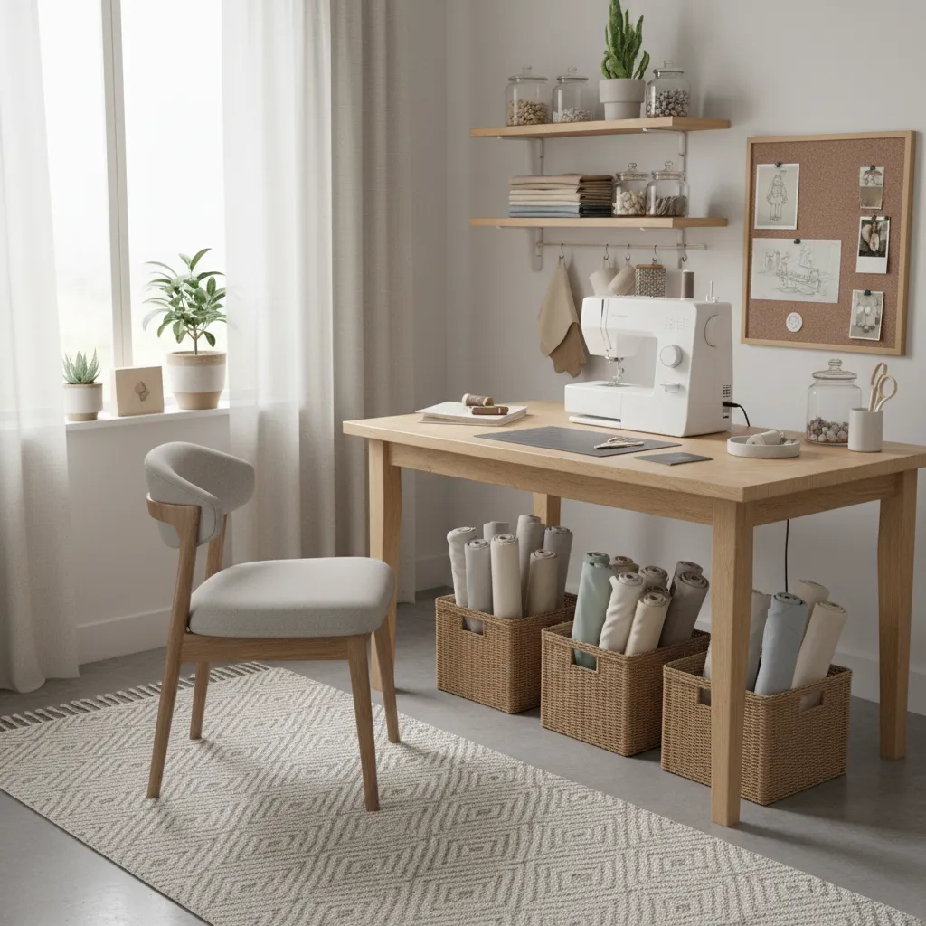 compact sewing table setup inside a small sewing room workspace
