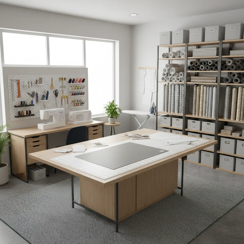 small sewing studio with clearly defined cutting sewing and storage zones