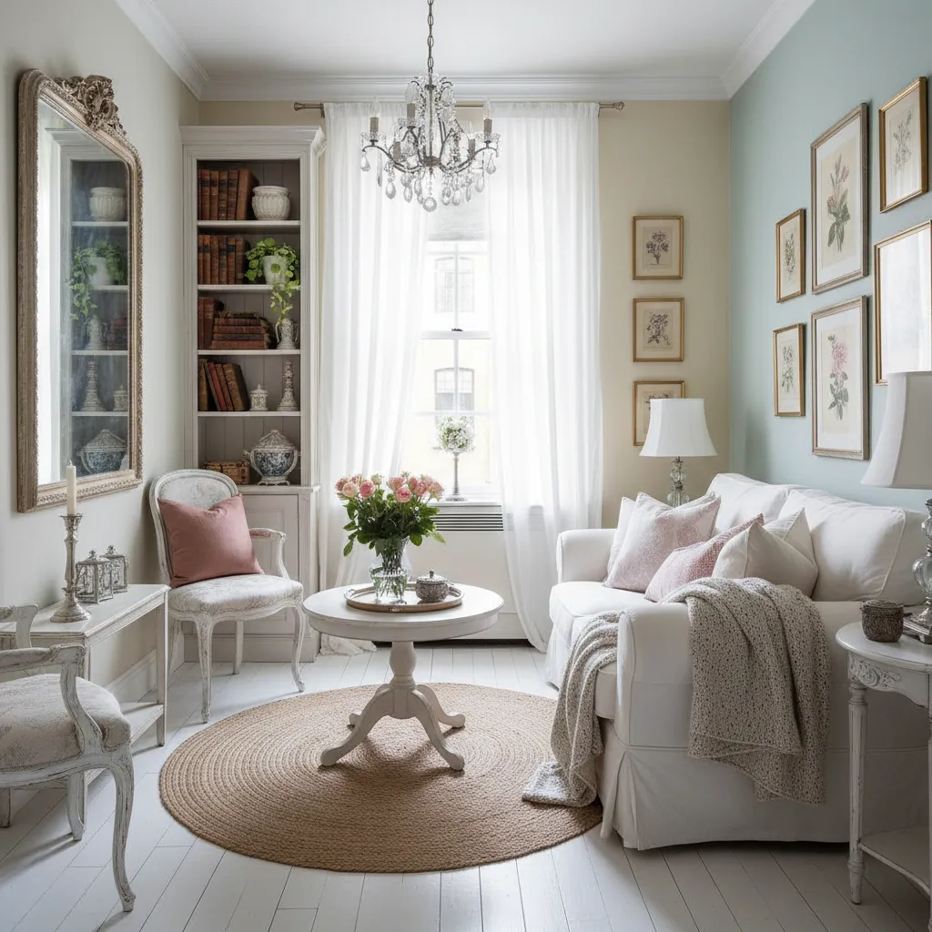Pequeño apartamento decorado en estilo shabby chic con colores claros