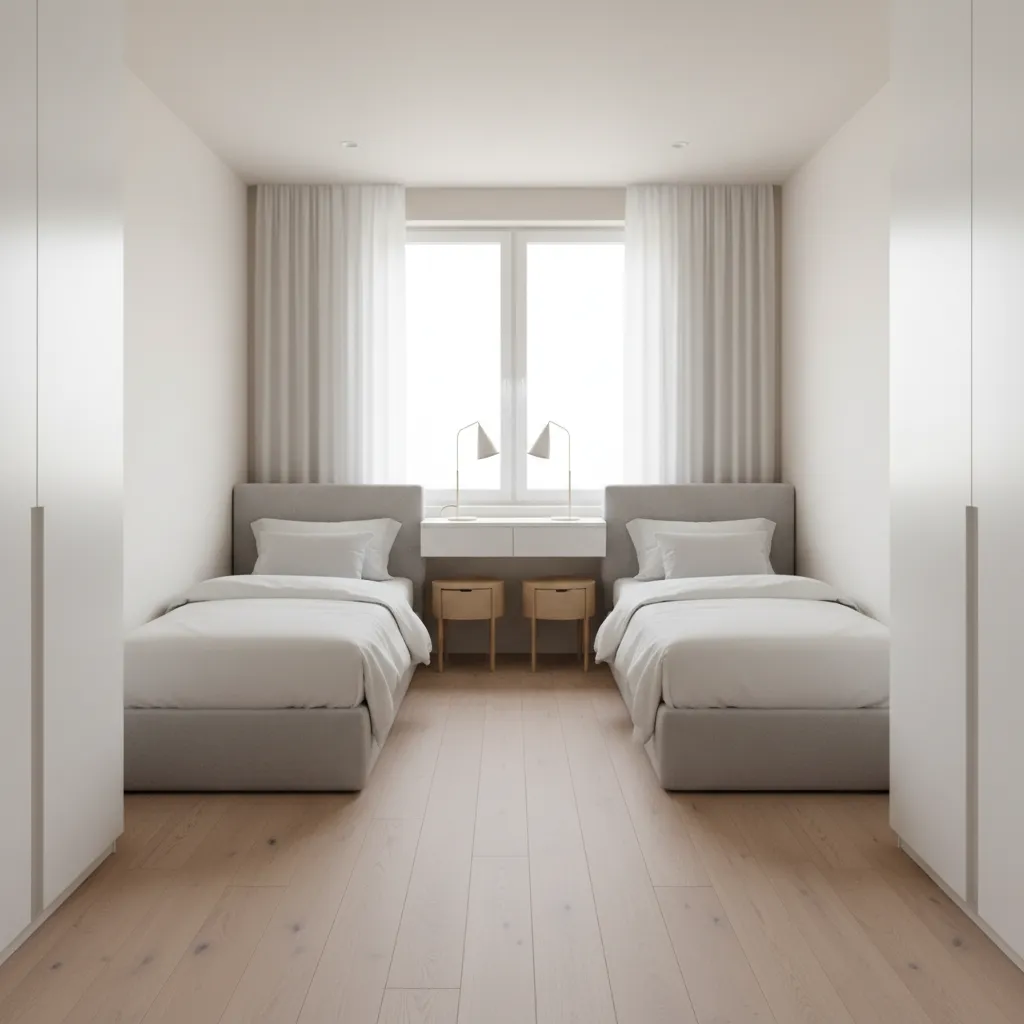Compact shared bedroom layout with two beds arranged efficiently