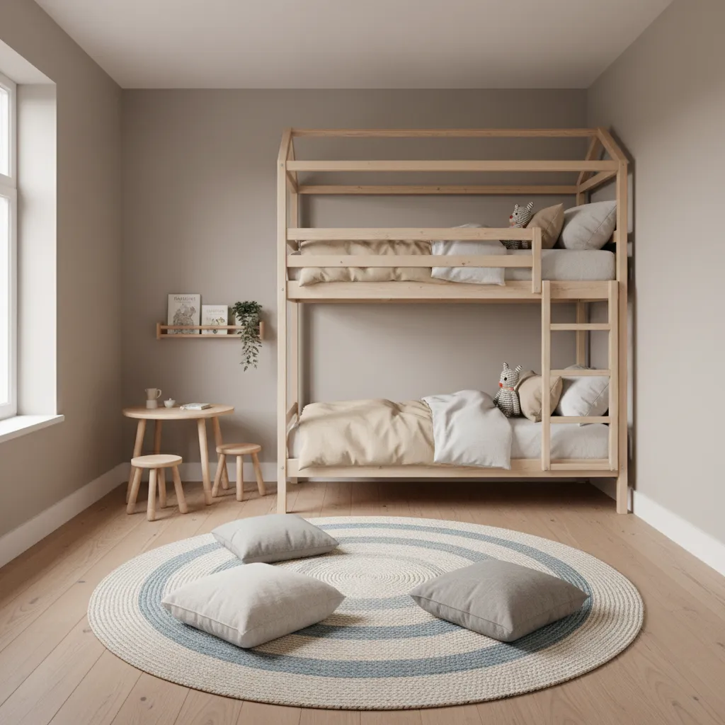 Small shared kids bedroom with bunk bed maximizing floor space