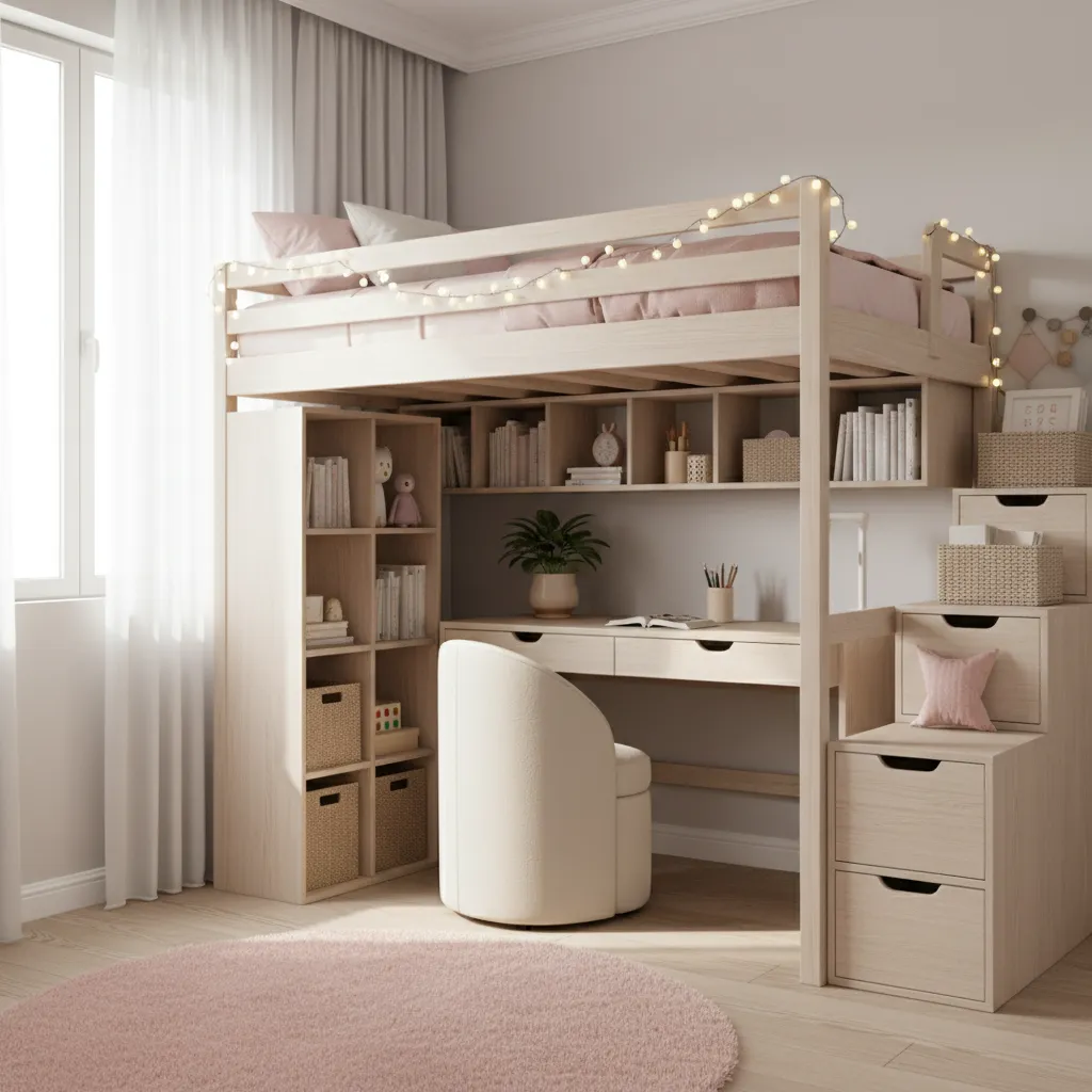Small bedroom with loft bed and desk underneath for sisters