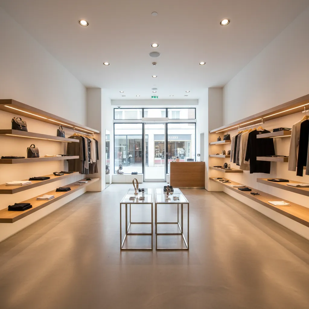 Modern clothing shop with wooden wall shelves and glass tables for displaying clothes and accessories