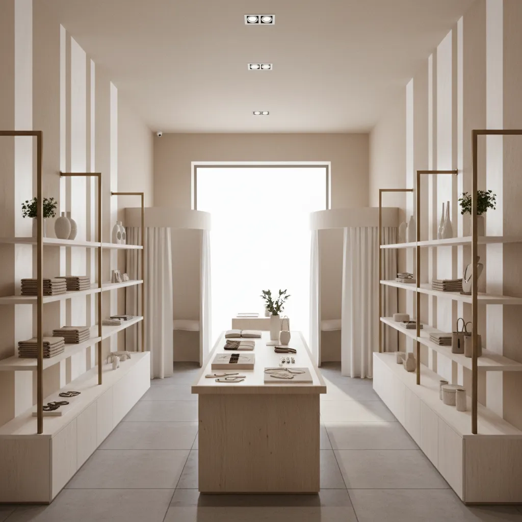 Small retail shop interior using light wall painting colors to make space appear larger