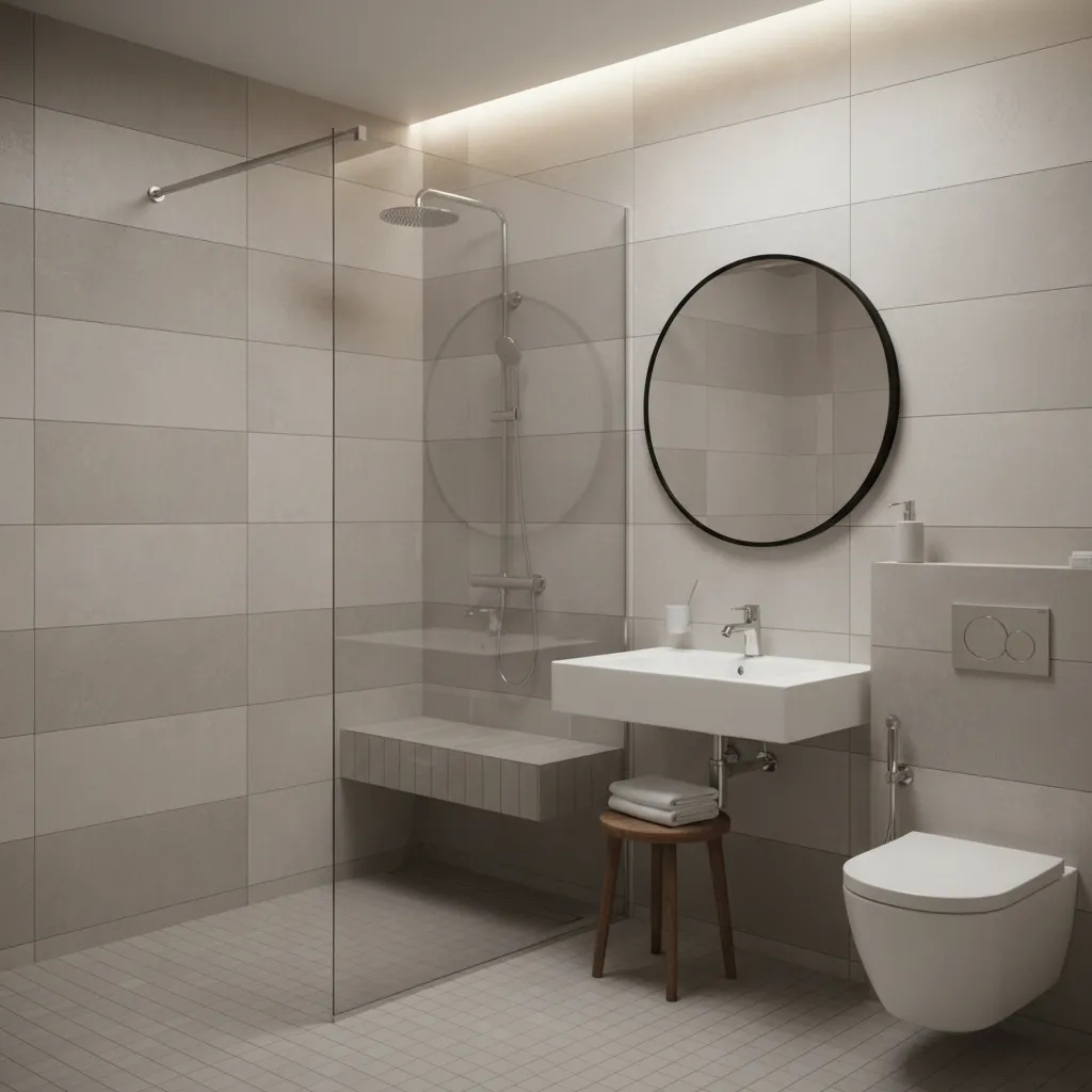 Compact bathroom shower with built in bench and glass enclosure