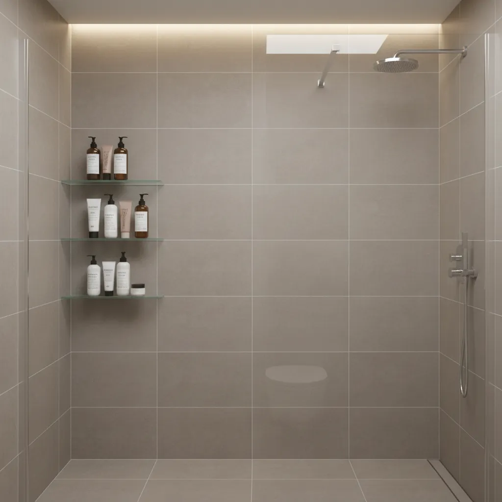 compact shower with two vertically stacked shelves
