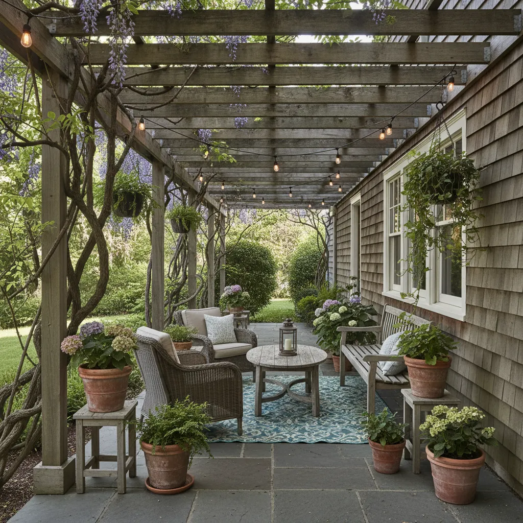 Porche lateral estrecho con pérgola y plantas