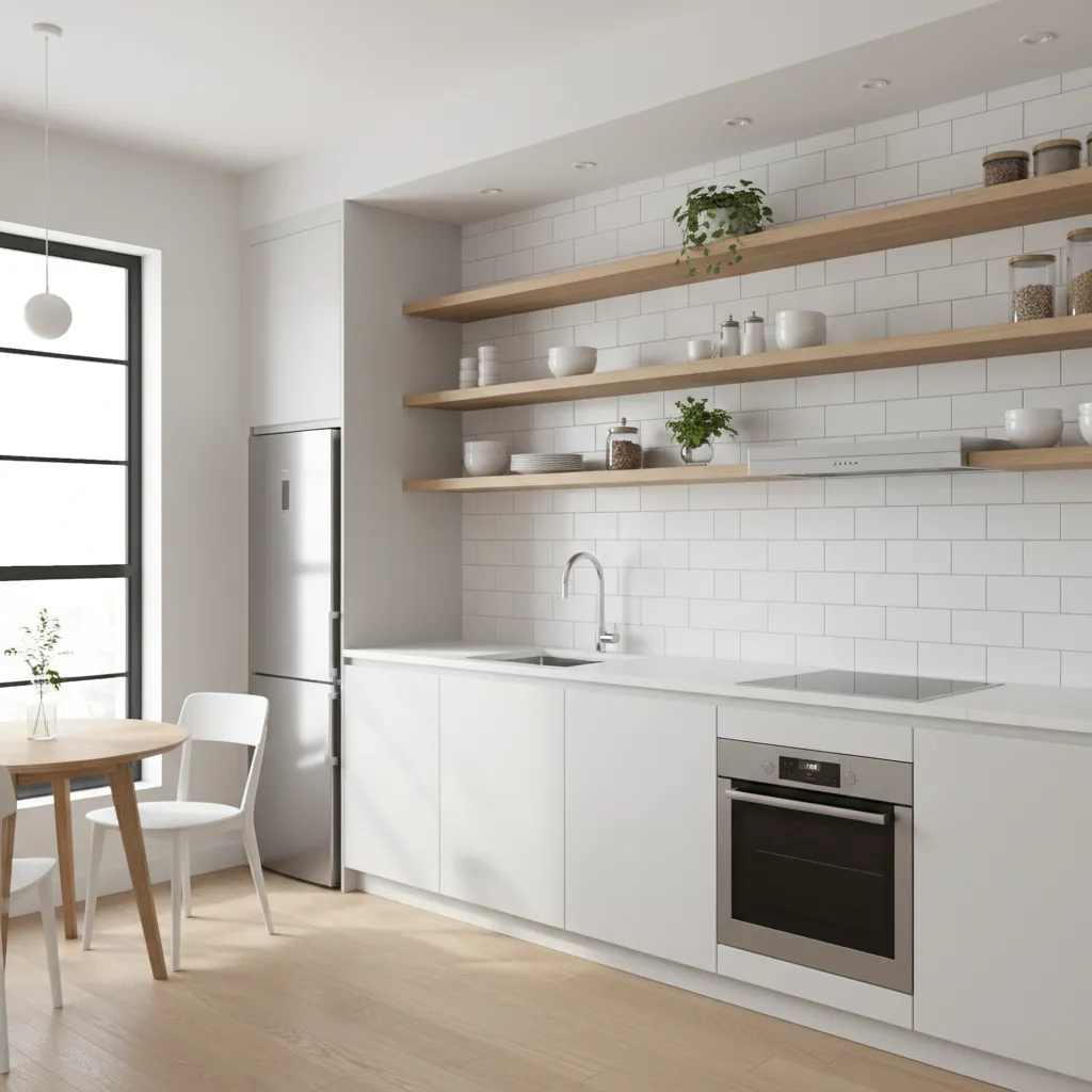 Small simple kitchen with open shelves and light colors